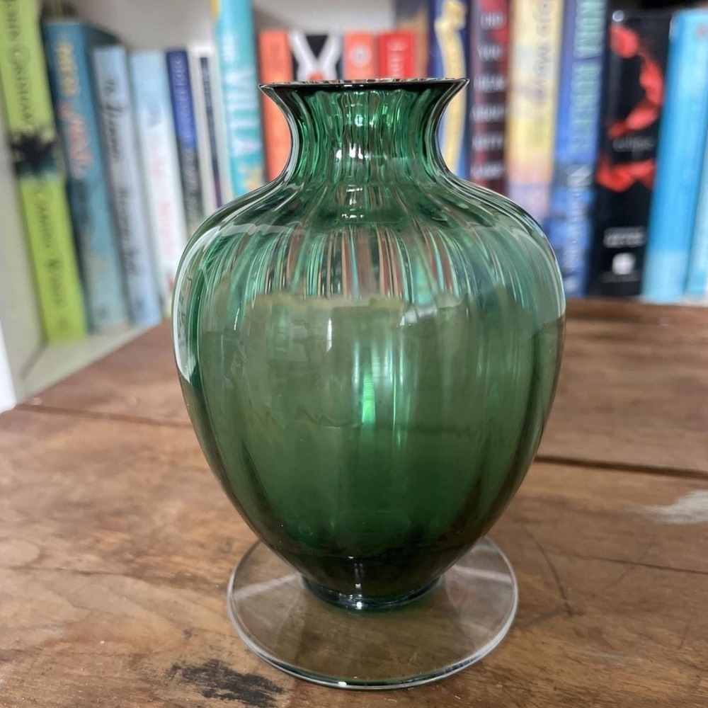 BACCARAT CRYSTAL RIBBED BALUSTER VASE SMALL SIGNED GREEN MID CENTURY MODERN